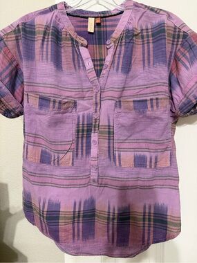 Anthropologie Pilcro Lavender Plaid Short-Sleeve Button Pullover small